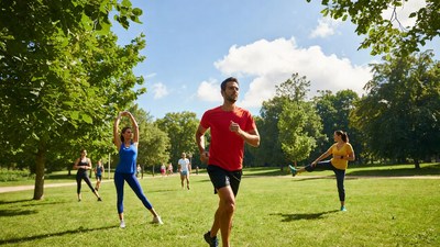 People exercising in sunny park