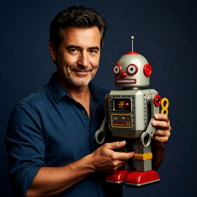 Man holding red retro robot