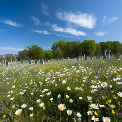 Graveyard with wildflowers under blue sky