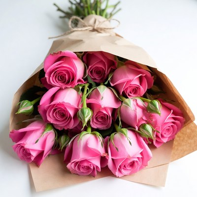 Pink Roses Bouquet in Brown Paper