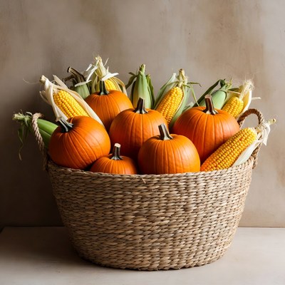 Pumpkins and Corn in Wicker Basket
