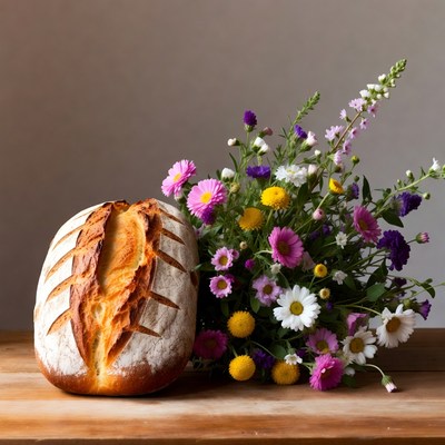 Fresh bread with colorful flowers
