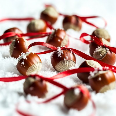 Hazelnuts with Red Ribbons on Snow