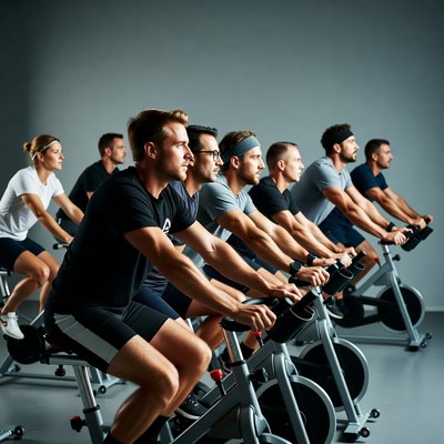 Group cycling class on spin bikes