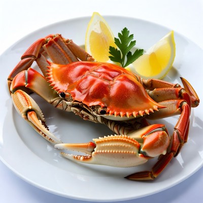 Red Crab with Lemon on Plate