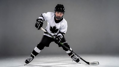 Boy playing hockey in Canada jersey