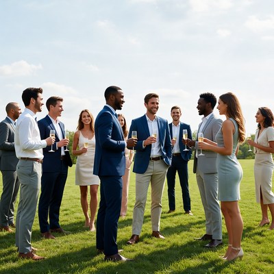 Diverse group toasting champagne outdoors