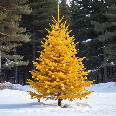 Yellow Christmas Tree in Snowy Forest