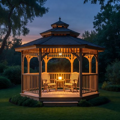 Lit Wooden Gazebo in Garden at Dusk