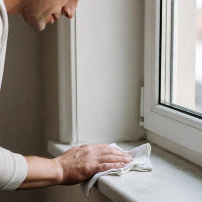 Man cleaning window sill