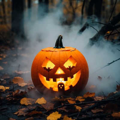Jack-o'-lantern in foggy autumn forest
