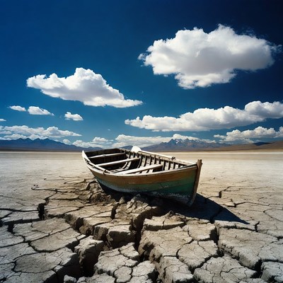 Boat stranded on cracked salt flat