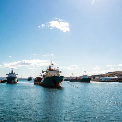 Cargo ships docked in sunny harbor