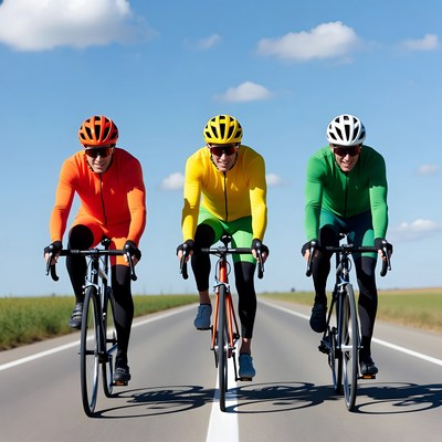 Three men cycling in colorful jerseys