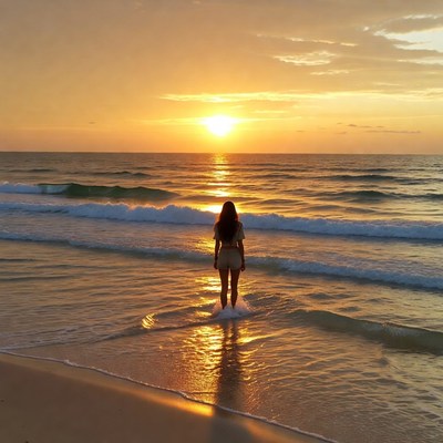 Woman standing in waves at sunset beach