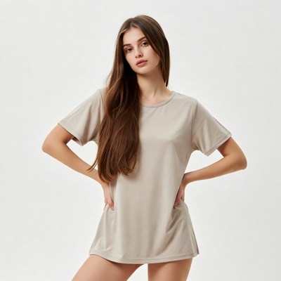 Woman in gray t-shirt on white background