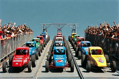 Colorful Pepsi go-karts racing under bridge
