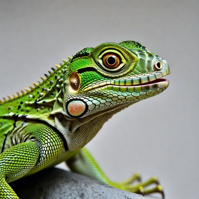Green iguana on gray rock