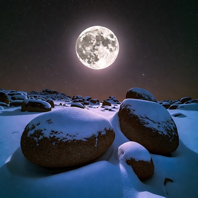 Full Moon Over Snowy Rocks