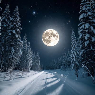 Full Moon Over Snowy Forest Path