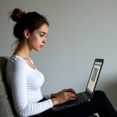 Woman using laptop on chair
