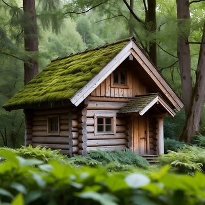 Mossy Log Cabin in Lush Forest