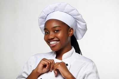 African-American girl in chef uniform smiling