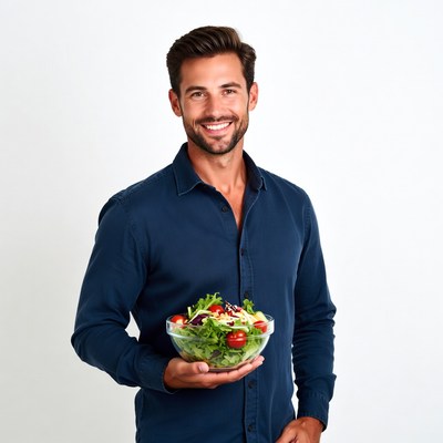 Handsome man holding salad bowl