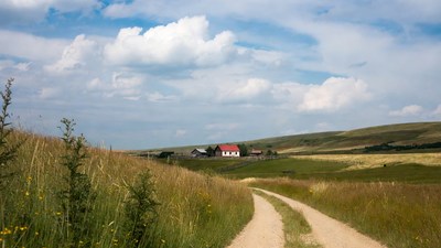 Country houses on grassy hillside path