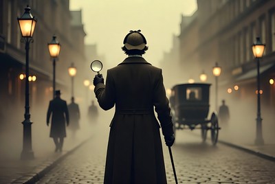 Sherlock Holmes holding magnifying glass