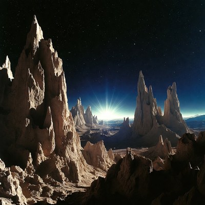 Alien Planet Sunrise with Towering Rocks