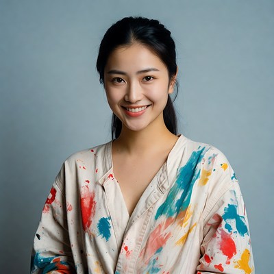 Asian woman in colorful paint-splattered shirt