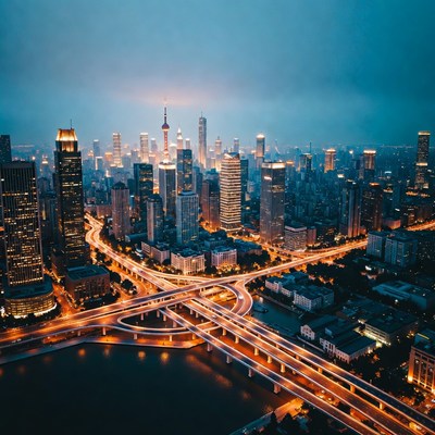 Shanghai Skyline at Night with Highways
