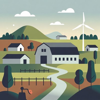Flat Illustration of Farm with Wind Turbine