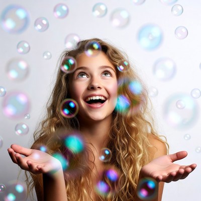 Girl smiling with floating bubbles