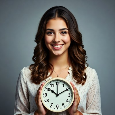 Smiling woman holding white clock