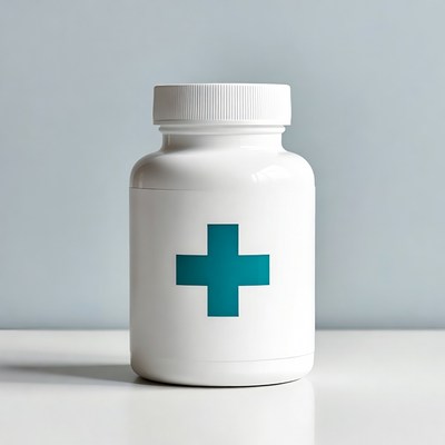White medicine bottle with teal cross