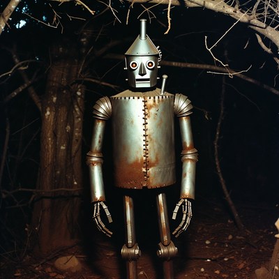 Tin Man standing in dark forest