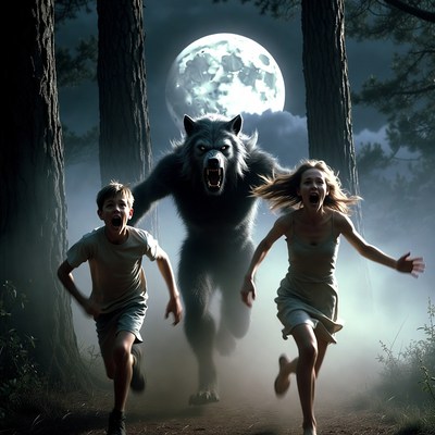Werewolf Chasing Boy and Girl in Forest