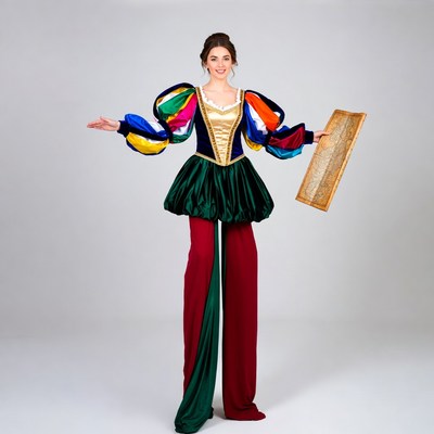Woman in colorful Renaissance costume holding map