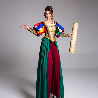 Woman in Renaissance costume holding scroll