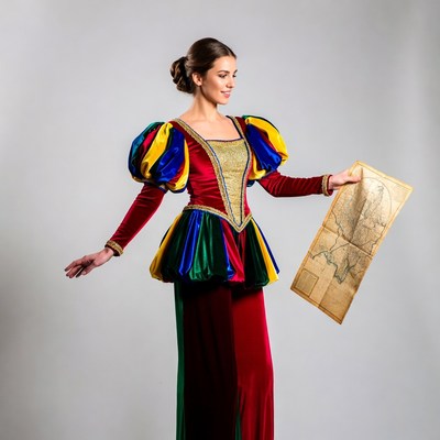 Woman in colorful Renaissance dress holding map