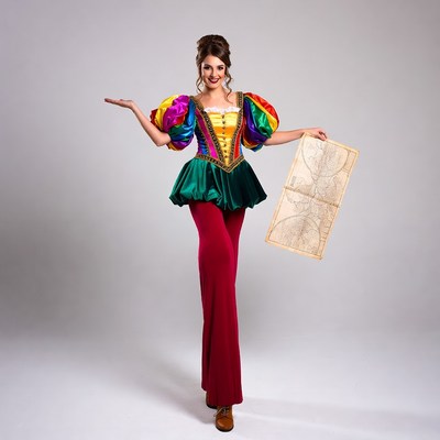 Woman in colorful Renaissance costume holding map