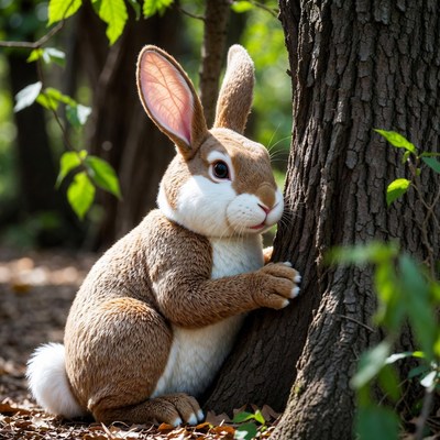 Fluffy bunny hugging tree trunk