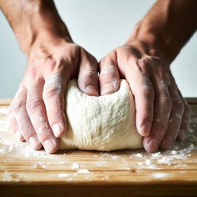 Man kneading dough on cutting board