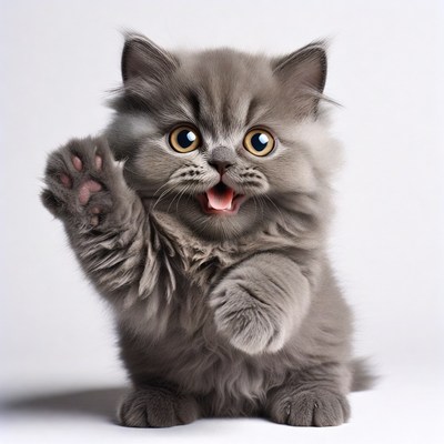 Cute grey kitten waving paw