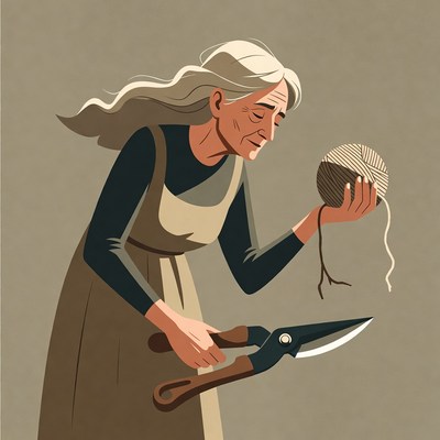 Elderly woman cutting yarn ball