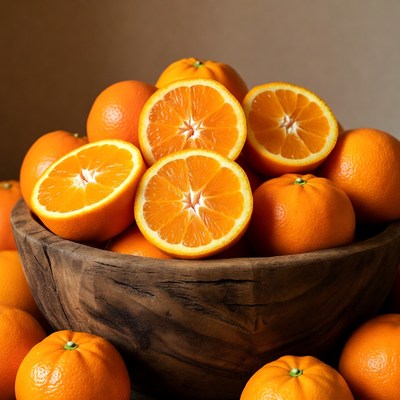 Fresh Oranges in Wooden Bowl