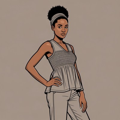 African-American woman in gray outfit