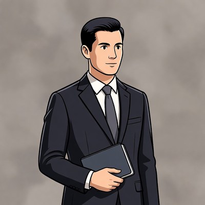Cartoon man in suit holding notebook